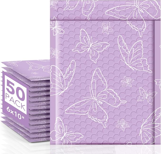 Metronic Bubble Mailers 6x10 Inch 50 Pack Purple Butterfly Padded Mailers | Usable Size 6x9 Waterproof Padded Envelopes for Small Business Self Seal Bubble Envelopes, Gifts Packaging, Shipping Supplies