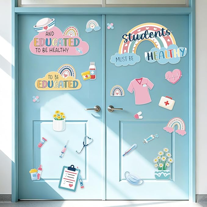 48Pcs Boho Healthy Bulletin Board Decorations Set, Welcome Back to School Classroom Decorations Kit, Nursing Appreciation Office Decor Medical RN Cutouts Healthcare Workers Chalkboard Door Wall Decor