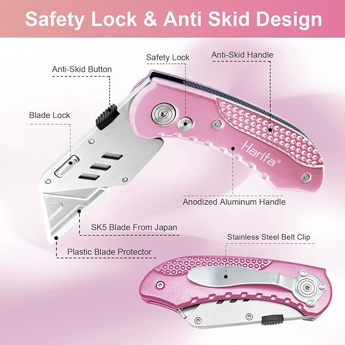 Box Cutter Retractable, Folding Utility Knife with Aluminum Handle, Heavy Duty Knife, Back-lock Mechanism, Stainless Belt Clip, for Carpet, Carton, Box, Cardboard, with 5-piece Extra Blades (Pink)