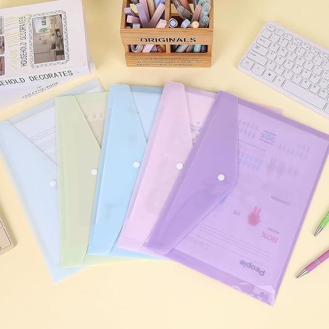 EOOUT 5pcs Plastic Envelopes Folders, Plastic Poly Folders for Documents, File Folders with Snap Closure, A4 Size, Letter Size, for School and Office Supplies