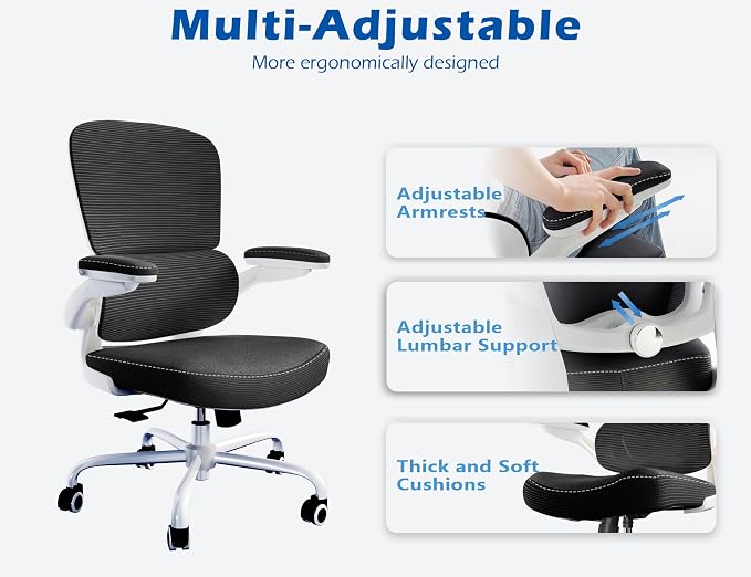 TRALT Ergonomic Office Chair Desk Chair with Adjustable Lumbar Support | Desk Chair Comfy with Flip-up Armrests Ergonomic Chair - Mesh Computer Chairs for Adults, 330lbs, PU Leather (Black White, 1)