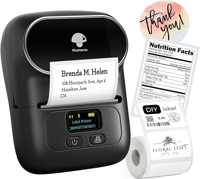 Phomemo M110 Label Maker Machine - Portable Barcode Thermal Label Printer | Bluetooth Address Printer Stcker Maker for Small Business Office Home School Supplies Kids Name Labels Ebony Black