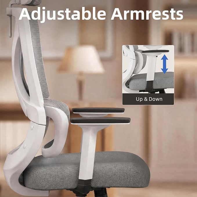 High Back Ergonomic Desk Chair with Adjustable Lumbar Support and Headrest Home Office Desk Chair with flip-up Armrests for Home, Office, Gaming, Student（White）