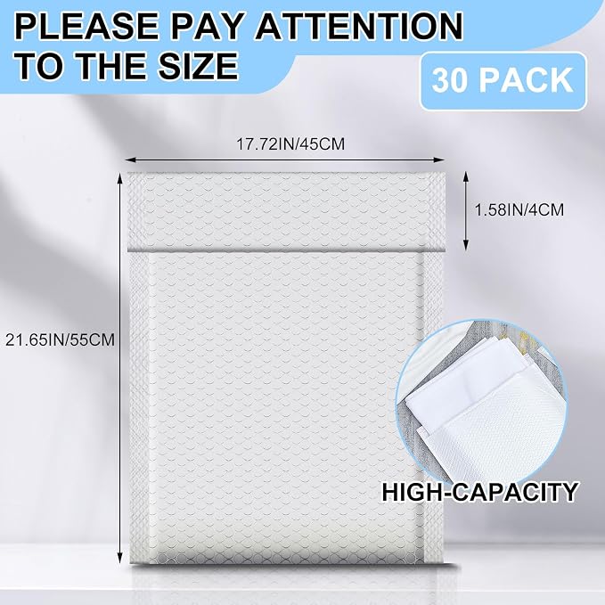 Ireer 30 Pack 18 X 22'' Large Bubble Mailers Padded Envelopes Self Seal | Poly Cushioned Protection, Waterproof Exterior, For Business Shipping Gifts Packaging, Secure Adhesive, Durable Mailing Bags