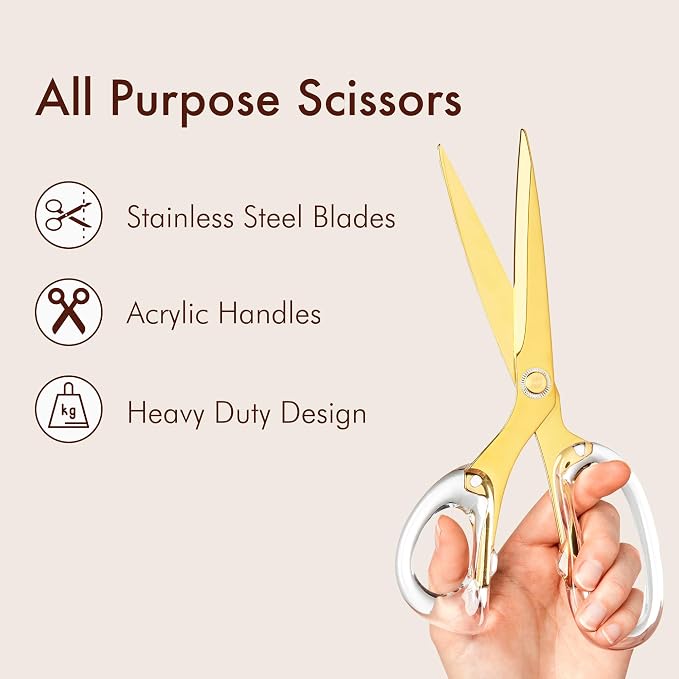 9” Stainless Steel Acrylic Scissors, Clear with Gold Metal | Aesthetic and sharp all purpose scissors, Perfect for sewing, arts, and crafts, Stationery tools for office, and school