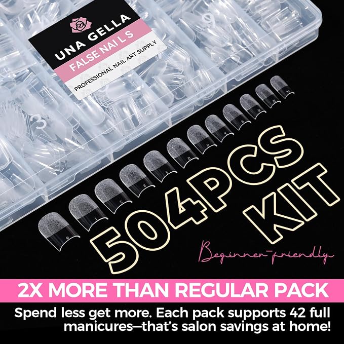 UNA GELLA Short Sharp Square Nail Tips 504pcs Short Square Press on Nails | Pre Etched Acrylic Fake Nails for Full Cover Nail Tips DIY Nails Salon at Home 12 Sizes