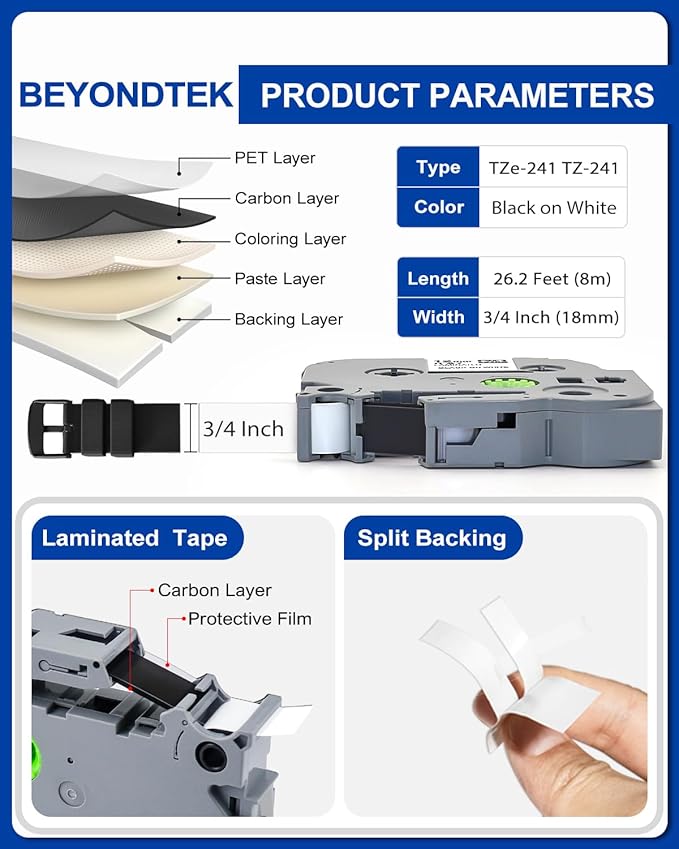 Work for Brother P Touch 3/4" Black on White TZ Tze 18mm Label Maker Tape Compatible with Brother Ptouch 18mm 0.7 Laminated White TZe-241 for PT-D400 PT-D410 PT-D600 PT-D610BT,8m 26.2ft