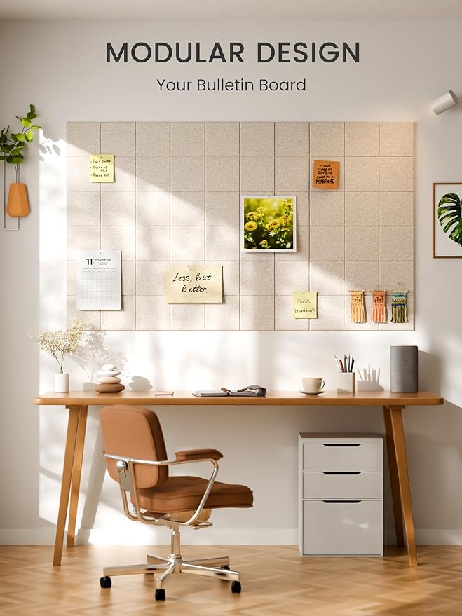 Bumusty Large Felt Bulletin Board, 36" x 24" Cork Board Alternative, 6-Pack Wall Tiles with 4-Compartment Design, 30 Push Pins, 40 Adhesive Tabs, Ideal for Office & Home Decor, Oatmeal