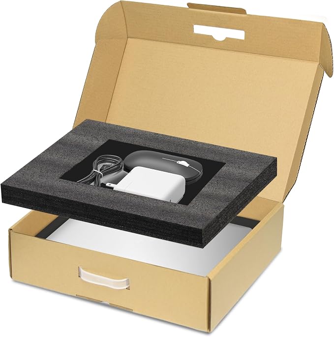 Laptop Shipping Box with Handle, Corrugated Mailer for 17 Inch Notebook Transport, Protective Foam Inserts and Separate Accessory Compartment, Professional Electronics Packaging Box