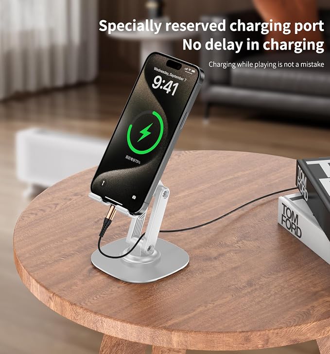 360° Rotating Cell Phone Stand for Desk (White, K69) | Adjustable & Foldable Phone Holder, Aluminum Desktop Phone Stand with Anti-Slip Base, Phone Holder for Desk