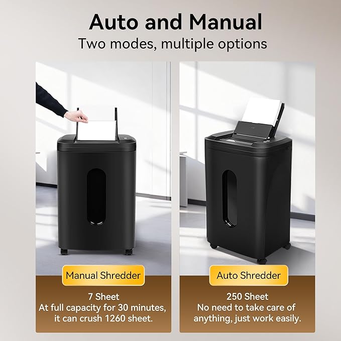 250-Sheet Paper Shredder Auto Feed, Commercial Shredders Heavy Duty, 60 Min Non-Stop, P-5 Ultra Security Shredder for Home Office, Micro Cut with Wheels, 8.72 Gal Bin, <60 dB(OL380)