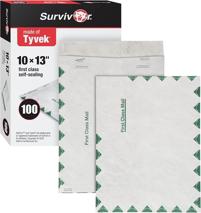 Quality Park Tyvek Envelopes, 100 Pack, Large 10 x 13 Envelopes, First Class Border, Easy-to-Open Tamper Evident Pull Strip, Rip, Puncture & Water Resistant Self Sealing Mailing Envelopes, White