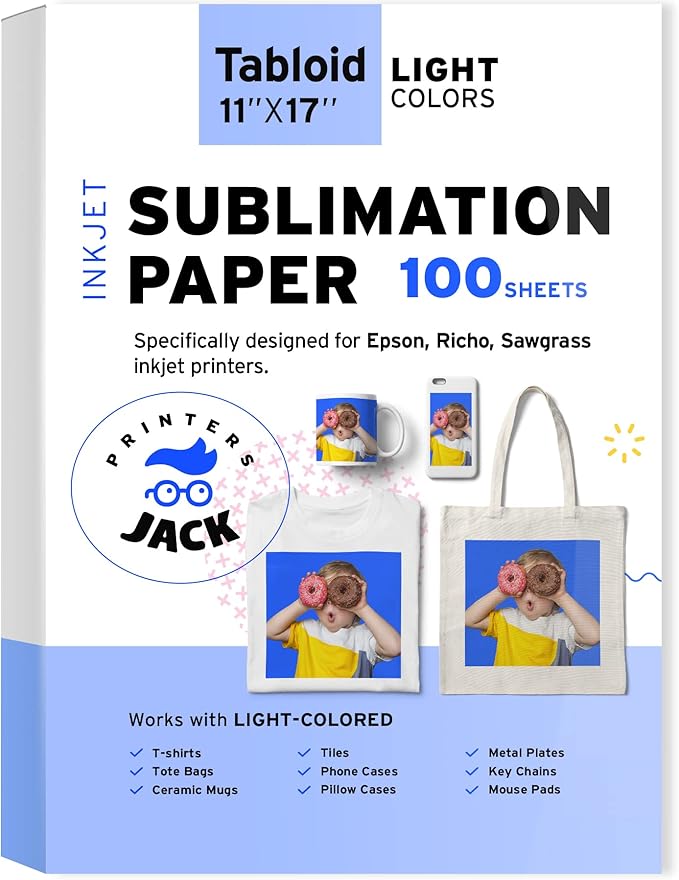 Printers Jack Sublimation Paper 100 Sheets 11" x 17" 120 gsm for Any Epson Sawgrass Inkjet Printer with Sublimation Ink for T-shirt, Ceramic, Mouse Pad, Towel, DIY Unique Gifts