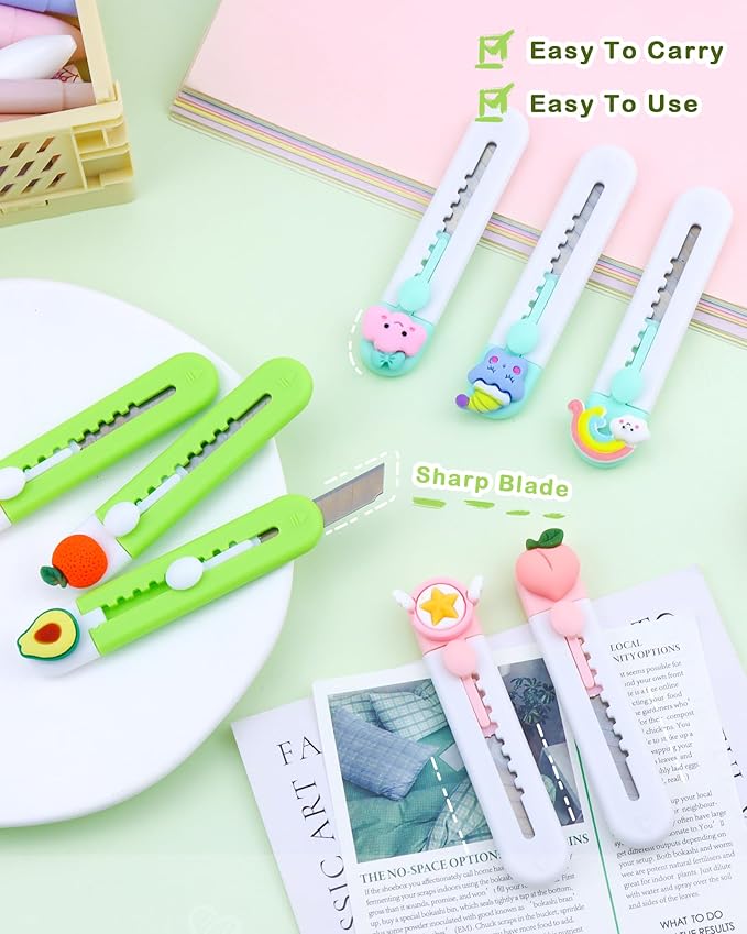 8Pcs Utility Knives, Retractable Sharp Cartons Cardboard Cutters Razor Knife, Kawaii Portable Box Cutter with Hole for Office Envelope Opener DIY Crafts and Home Use