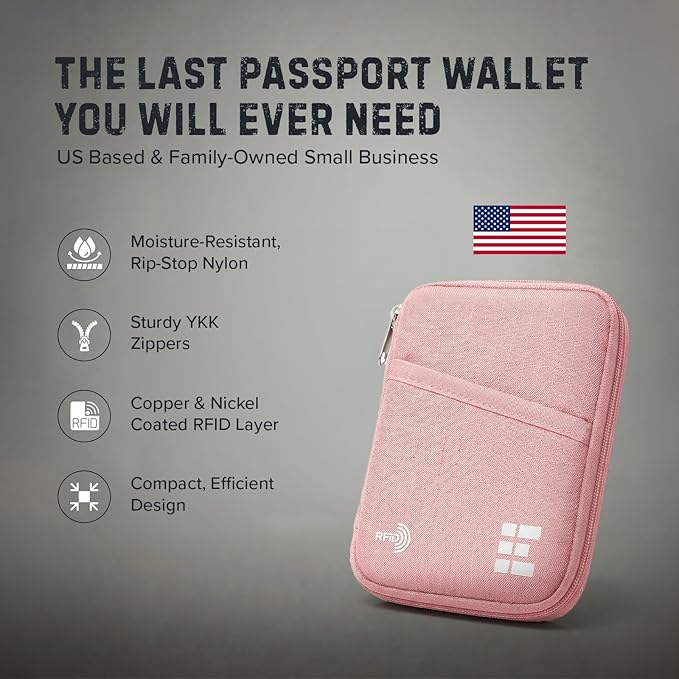Zero Grid RFID Passport Holder & Travel Wallet, Zippered Wallet for Men & Women, Fits Passport, Cards, Cash, Tickets, ID, Sim Card, AirTag; Premium & Compact Travel Document Holder - Rose Pink
