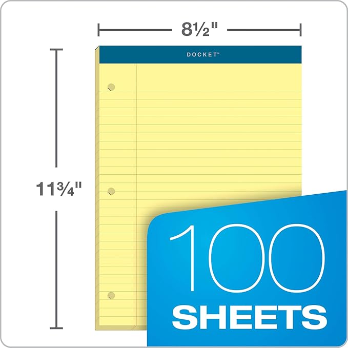 TOPS Docket Legal Pads, 3 Pack, Premium Note Pads, 100 Legal Ruled 8.5" x 11" Sheets, Canary Yellow Paper with Firm Back, Professional Legal & Office Notepads, 3 Hole Punched, 2X More Sheets, Proudly Made in the USA