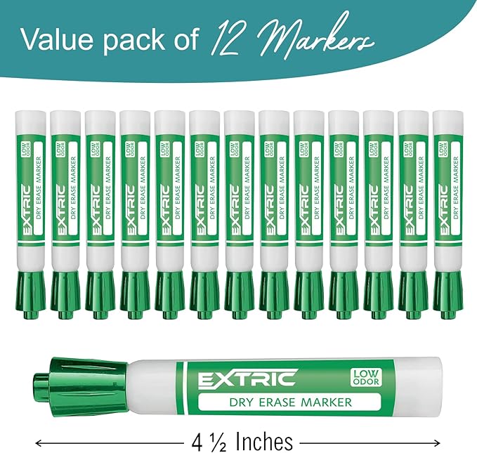 EXTRIC Green Dry Erase Markers, 12 Count Whiteboard Markers Chisel Tip, White Board Marker Dry Erase, Low Odor Chisel Tip Erasable Markers