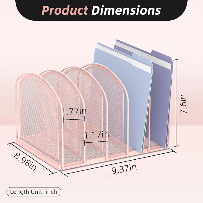 5-Section File Organizer for Desk, Metal File Folder Holder, Pink | 5 Vertical Compartments with Sturdy Metal Base for Office Documents Books Magazines and Laptop