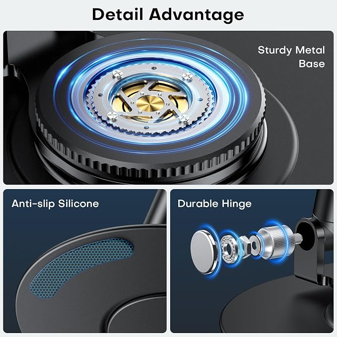 OMOTON MS05 [Height Adjustable] 360° Rotating Magnetic Phone Stand, Black | Foldable Cell Phone Stand for Desk, Office Desk Accessories Gift for iPhone 17/16/15 Pro Max Air for PC Gaming Women Men