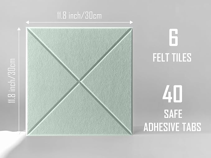 6 Pack Decorative Felt Wall Tiles (11.8” x 11.8”) - Modern Bulletin Board for Home Office & Classroom, Self-Adhesive Cork Board Alternative for Kids Artwork, Photos & Pin Display - Mint