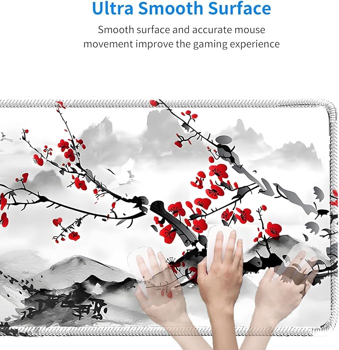 Japanese Sakura Mouse Pad, Red Moon, 31.5x11.8 Inch White deskmat | Anime Desk Mat, Large, Non-Slip Rubber Base, Waterproof, Stitched Edges