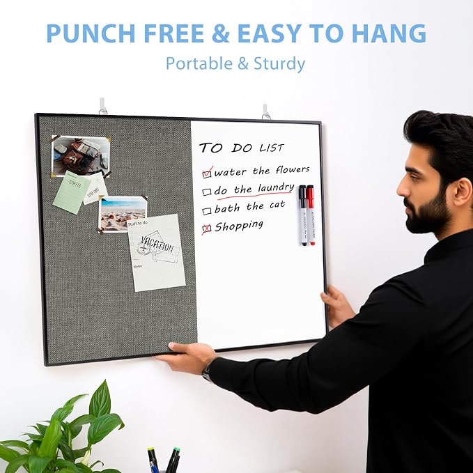 Cork Board White Board Combo | 24"X18" Linen Bulletin Whiteboard for Wall, Double-Sided Magnetic Dry Erase Corkboard for Home, Office, School, Dark Grey