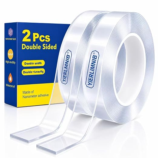 Double Sided Tape Heavy Duty, Nano Clear Mounting Tape, Picture Hanging Poster Carpet Tape for Walls, Dorm Office School Outdoor, Removable Adhesive 【2 Rolls】（9.85FTx1.2in&0.8in