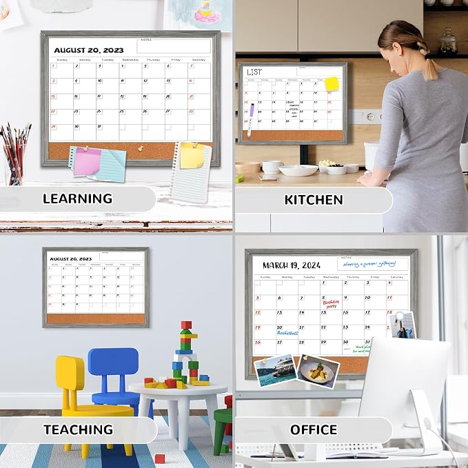 White Board Calendar Dry Erase Board for Wall, Magnetic WhiteBoard, 17"x13" | Hanging Board, Grey Wood Frame White Board and Cork Board Combo, Calendar Bulletin Board for Kitchen Planner Memo Office