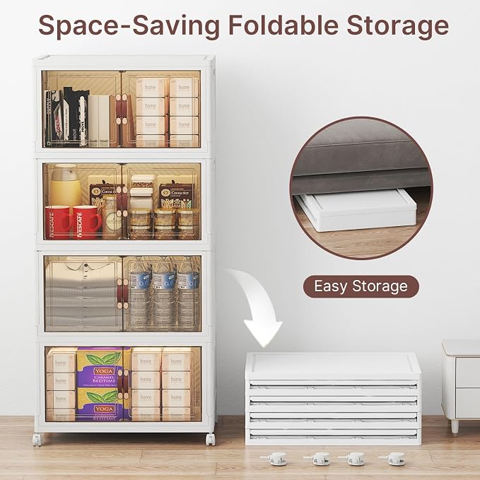 Stackable Storage Bins with Lids, 192QT Lockable Storage Cabinet | Folding Storage Box with Doors and Wheels, Collapsible Plastic Drawers for Home, Garage, Office