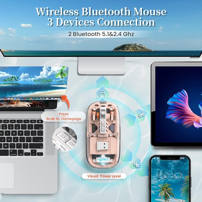 AJAZZ Wireless Bluetooth5.1&2.4G Mini Lightweight Mouse,Transparent Clear Cool,Rechargeable Silent Computer Mice,Nano USB C Receiver,LED Battery Magic Silm for Office/PC/Mac/Laptop/Apple/ipad(Pink)