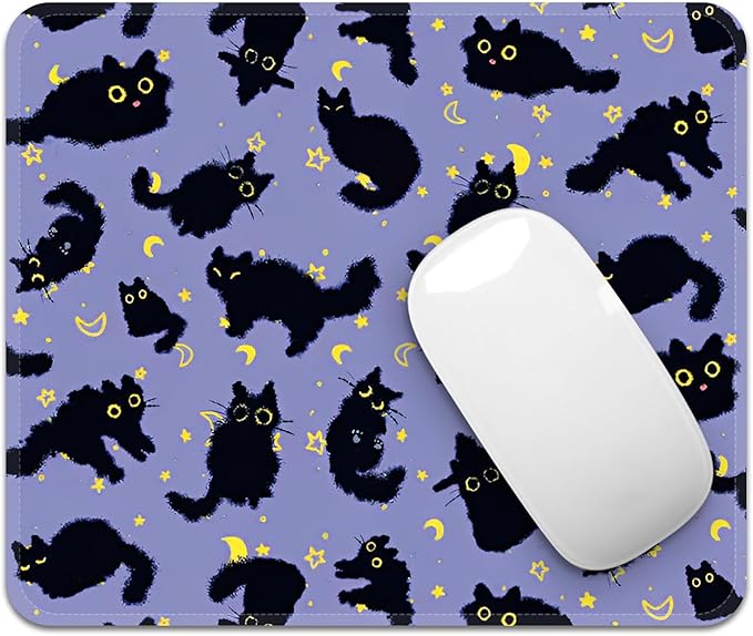 Mouse Pad with Stitched Edges - Cat Night Sky Mousepad for Women, 9.25 x 7.75 inch Washable Square Desk Pad, Non-Slip Rubber Base, Office Home Laptop Accessories - Moonlight Cats