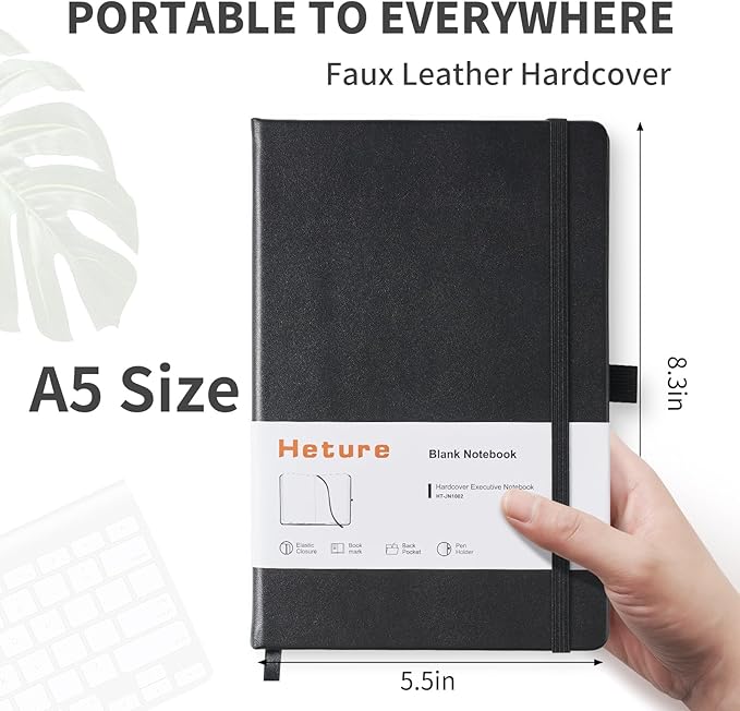 Hardcover Notebooks, A5 Blank Notebook for Writing 160 Pages, 8.2 x 5.5 inch, Classic Blank Notebooks for College/Work/Travel(Black 3 Pack)
