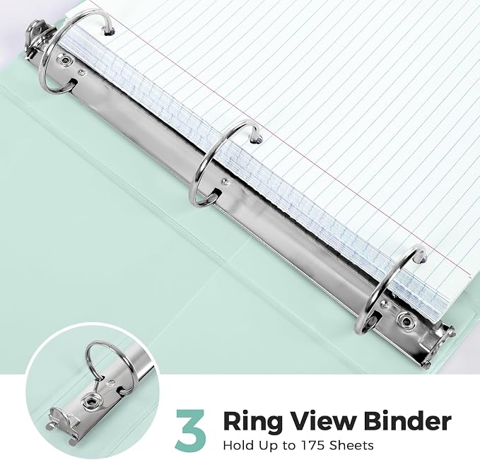SKYDUE 1 Inch 3 Ring Binder with 8 Tab Dividers & 24 Labels, Pastel Binder Organizer for Letter Size Paper, Aesthetic School Binder for Notes, Documents, Office & Home Organization, Green