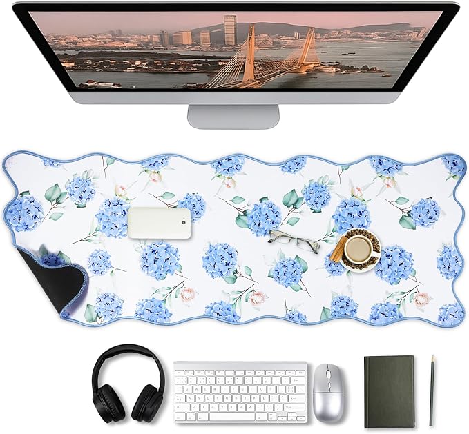 1 Pcs Blue Scalloped Hydrangea Desk Mat 31.5 x 11.8 Inch Large Cute Mouse Pad Computer Mat Non Slip Waterproof Rubber Base with Border Stitching Soft Keyboard Pad for Home Office Gaming Makeup