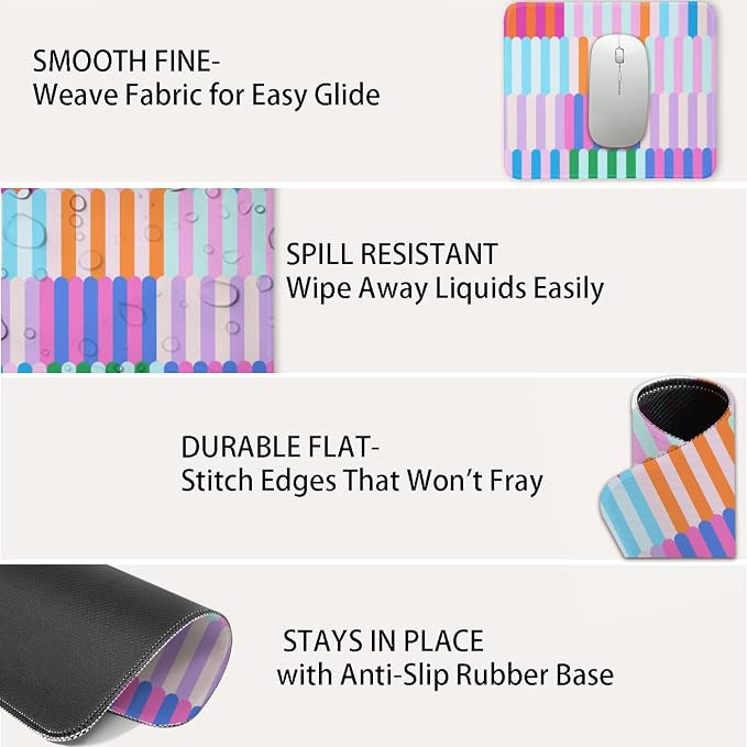 Mouse Pad for Desk with Stitched Edge, Premium Cute Washable Mouse Pads. Computer Mousepad with Non-Slip Rubber Base, Mousepads for Laptop, 9.25x7.75x0.12 inch (Rainbow Bars)