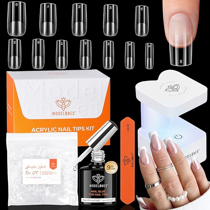 modelones X Nail Gel Kit Kit Medium Square, 9-in-One Nail Glue with Portable U V Lamp 216Pcs 12Sizes Pre-Etched Press ons Fake Acrylic Extension Kit DIY Salon Gift for Women