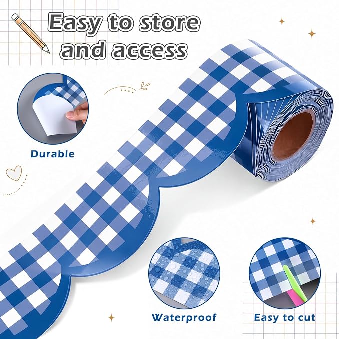 Zonon 65ft Navy Blue Gingham Bulletin Board Border Scalloped 3 Inches | Scalloped Edge Trim for Classroom Walls, Whiteboards, Desks, Windows, Doors, Lockers, Back to School Decoration Supplies