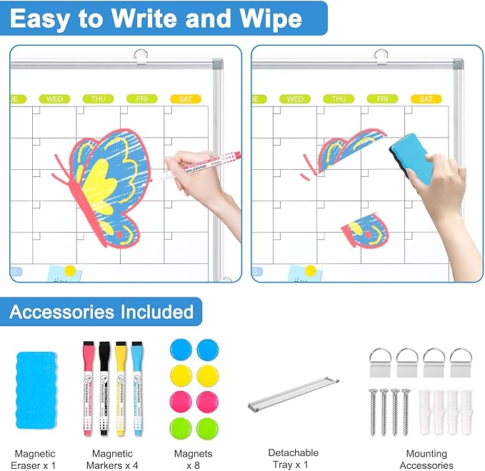 Dry Erase Calendar Whiteboard for Wall, 36" x 24" Monthly White Board | Double-Sided Magnetic, Silver Aluminum Frame, Hang Wall Mount, Portable Board for Home, Office, School