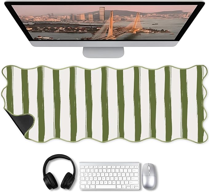 1 Pcs Green Scalloped Striped Desk Mat 31.5 x 11.8 Inch Large Cute Mouse Pad Computer Mat Non Slip Waterproof Rubber Base with Border Stitching Soft Keyboard Pad for Home Office Gaming Makeup