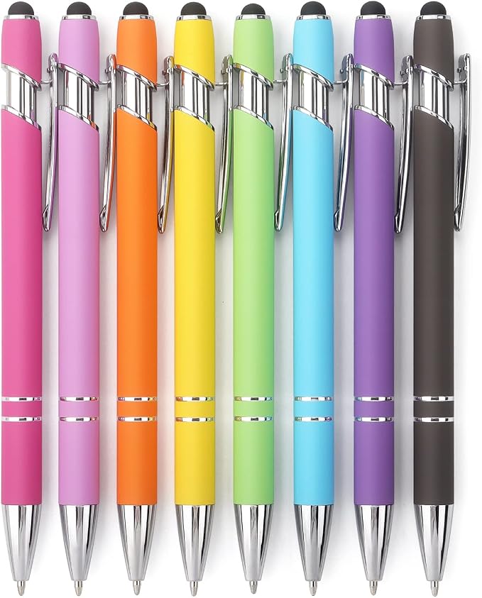Bribobo 8 Pack Ballpoint Pen 2-in-1 Stylus, 1.0 mm Black Ink | Retractable Ballpoint Pen with Stylus tip, Metal Stylus Pen for Touch Screens