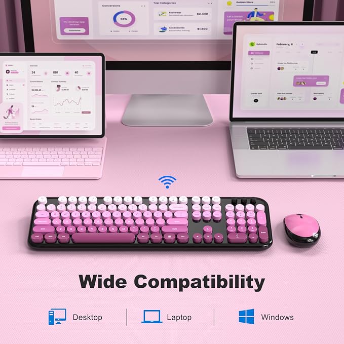 Wireless Keyboard Mouse Combo - Lovely Blackpink-Gradient Rainbow Full-Sized Typewriter Colorful Keyboards, Round Keycap Plug Play Retro Cute Keyboards for Windows, Laptop, PC, Desktop, Computer