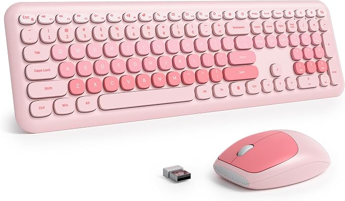 Surmen Cute Pink Keyboard and Mouse Wireless Silent, Full-Size Retro Typewriter Wireless Quiet Slim Keyboard Low-Noise 2.4GHz for Computer, Desktop, Laptop(6-Diary Pink)