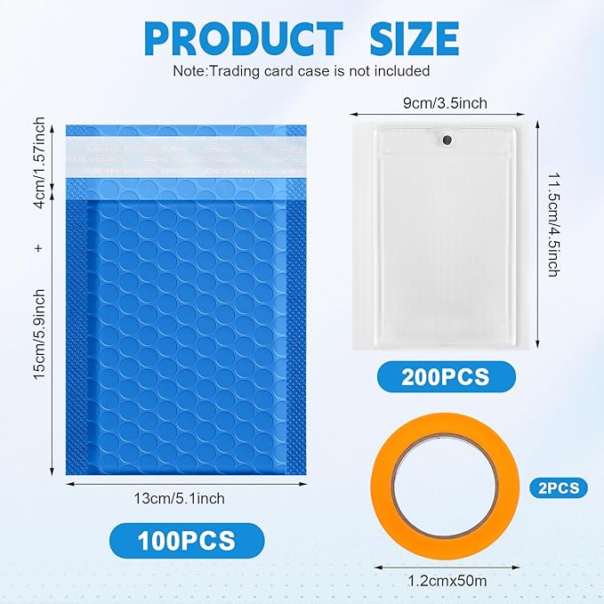 302 Pcs Trading Card Shipping Protector Set Include 200 Precut Plastic Inserts Card Mailers 100 Poly Bubble Mailers Padded Envelopes and 2 Masking Tape(Blue,5.1 x 5.9 Inch)