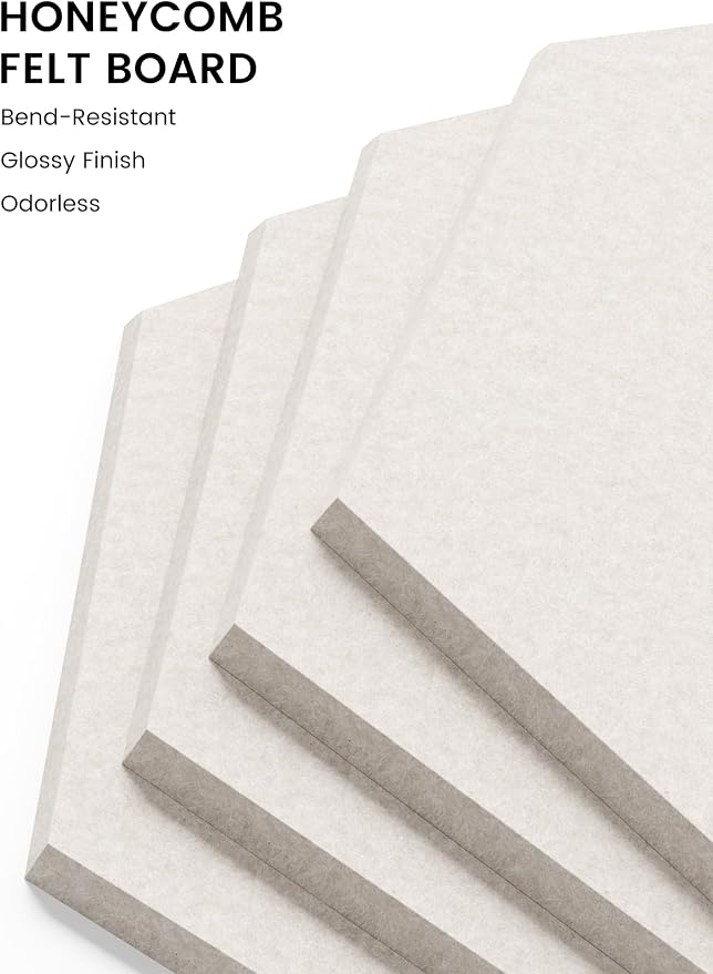 Fluxynara 8-Pack Hexagon Felt Bulletin Board Tiles, Oatmeal | Cork Board Alternative with 50 Adhesive Tabs for Notes, Photos and Reminders in Home Offices, Dorm and Classrooms