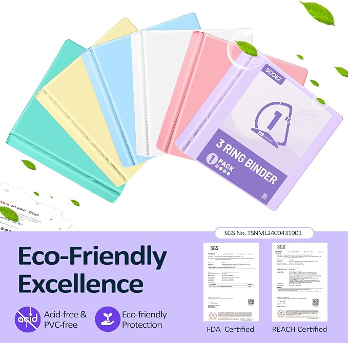 Sooez 4 Pack 3 Ring Binder 1 Inch, D-Ring Binder, Pastels, 8.5"x11" | Holds 880-Sheet of Letter Paper, Extra Durable, PVC-Free, Clear View Cover, Interior Pockets, Eco-Friendly, School, Office
