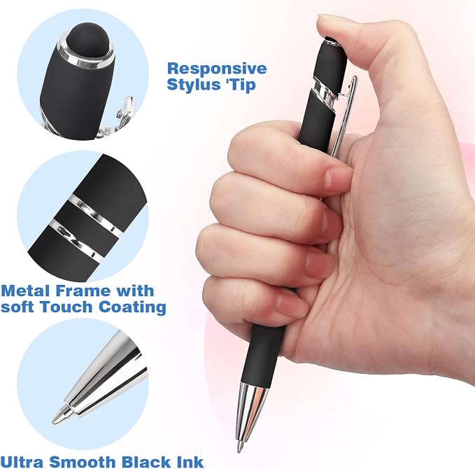 Bribobo 8 Pack Ballpoint Pen 2-in-1 Stylus, 1.0 mm Black Ink | Retractable Metal Pen With Stylus Tip for Touch Screens