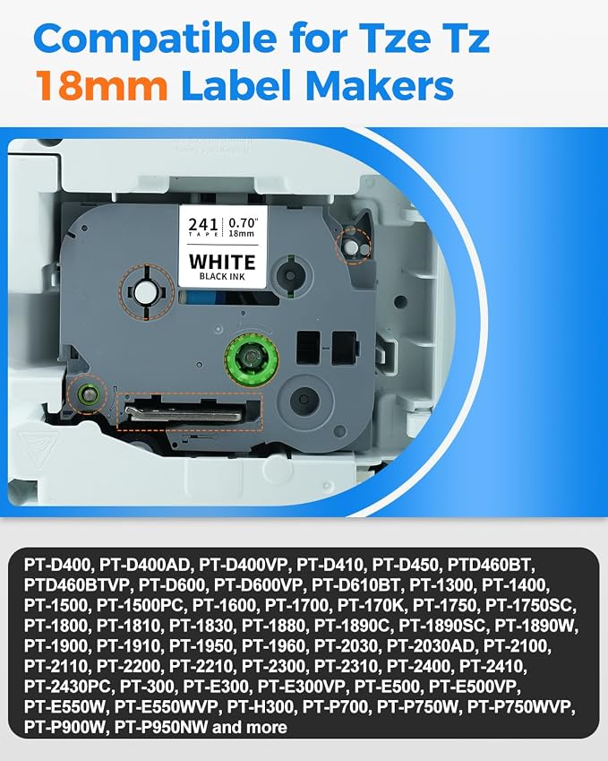 TZ-241 Tape 18mm 0.7 Laminated White Tape Compatible for Brother TZe-241 | Tze241 3/4" Tze Tz Label Tape Tze241 Refill for Brother Ptouch Label Maker PTD400 PTD410 PT-D610BT PTD460BT PTP710BT, 10 Pack