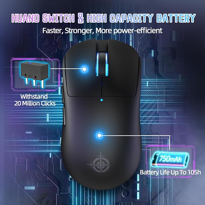 MAGIC-REFINER G6 Wireless Gaming Mouse,24000 DPI Adjustable,72g Lightweight Mouse,1000Hz Polling Rate,Tir-Mode BT/2.4G/ Wired Gaming Mouse,750mAh Battery,with Grip Tape for Gamer/Office/PC/Mac,Black