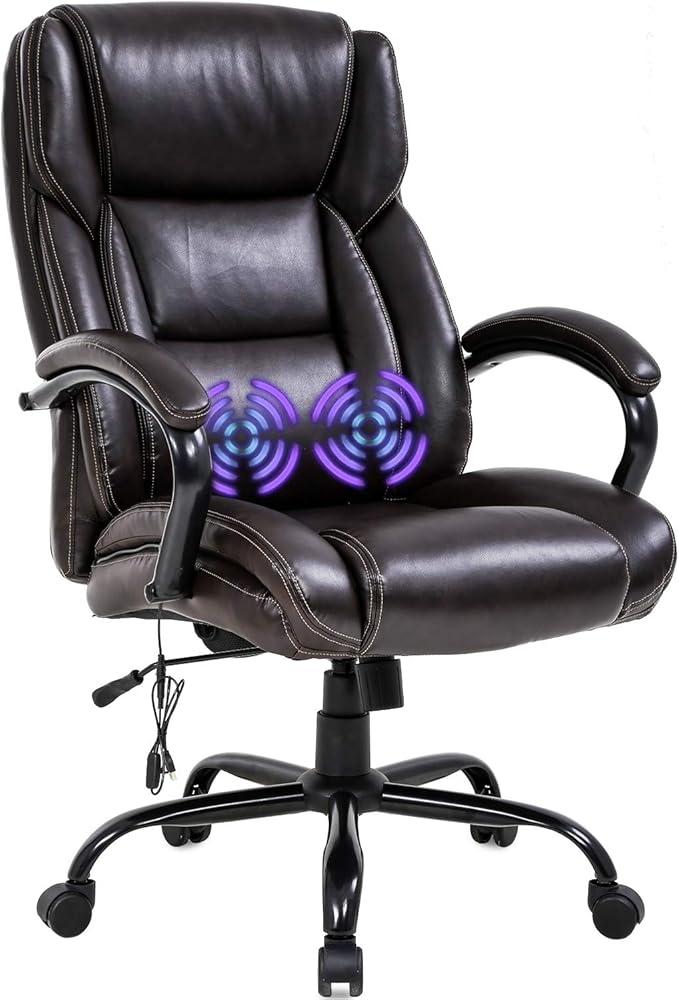 Big and Tall Office Chair 500lb Wide Seat Massage Desk Chair Ergonomic Computer Chair with Headrest Lumbar Support Armrest Rolling Swivel Chair Adjustable PU Leather Task Chair for Adults Women(Brown)