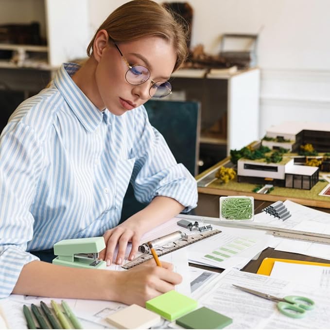 Mini Green Office Supplies Kit Green School Supplies Christmas Gift Desk Accessories with Gel Pens Sticky Notes Stapler Scissor Paper Clips Index Tabs Box Cutter for Christmas Gifts Office
